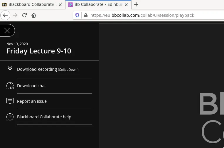 A screenshot of the side panel opened on Bb Collaborate&#x27;s website, with the download recording list shown as added by CollabDown addon.