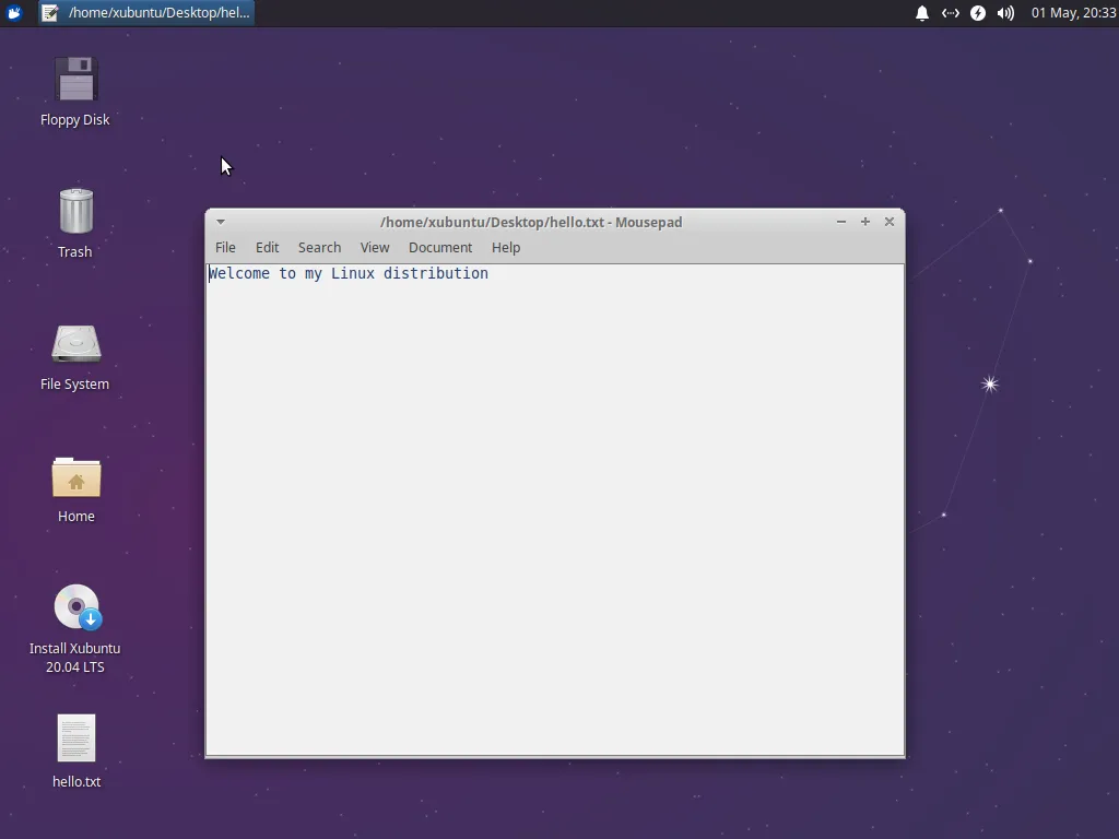 Screenshot of our custom distribution desktop with the hello.txt file open