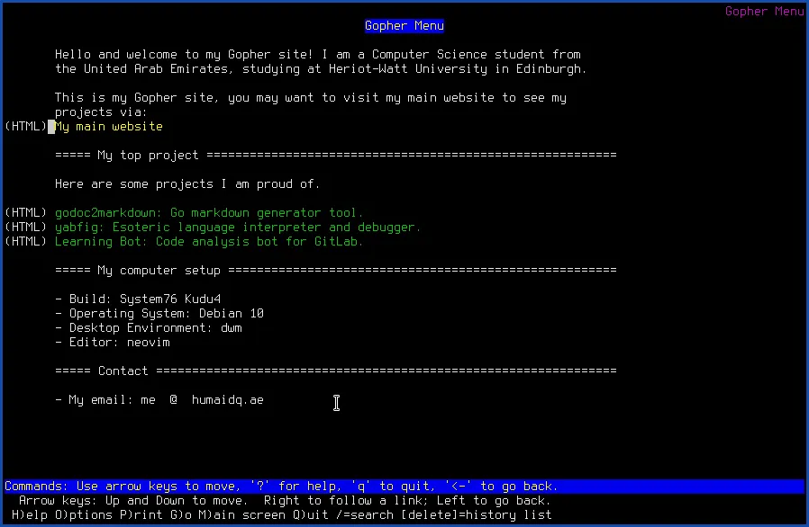 A screenshot of my Gopher page, showing the same description of my main HTTPS website, loaded on the lynx browser