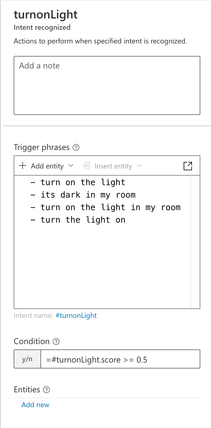 A screenshot of the Azure Bot Service, listing trigger phrases, and a condition score.