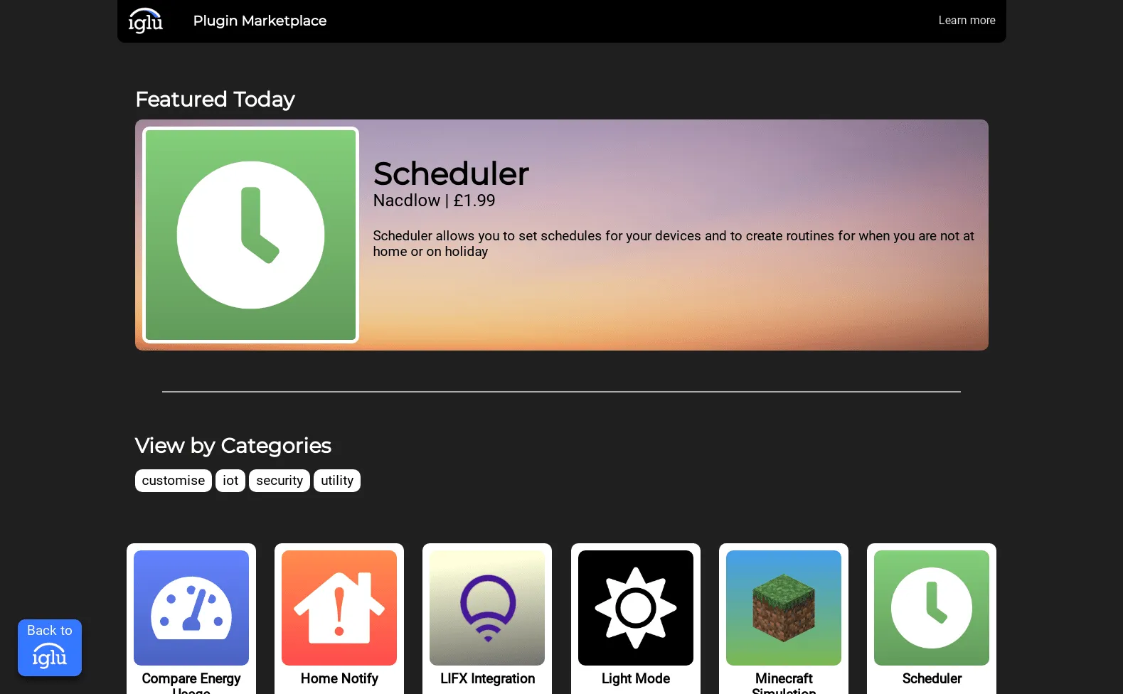 a screenshot of the marketplace, showing the scheduler as the featured
plugin, priced at 1.99 pound sterling, there are options to view plugins by
category, and a list of plugins