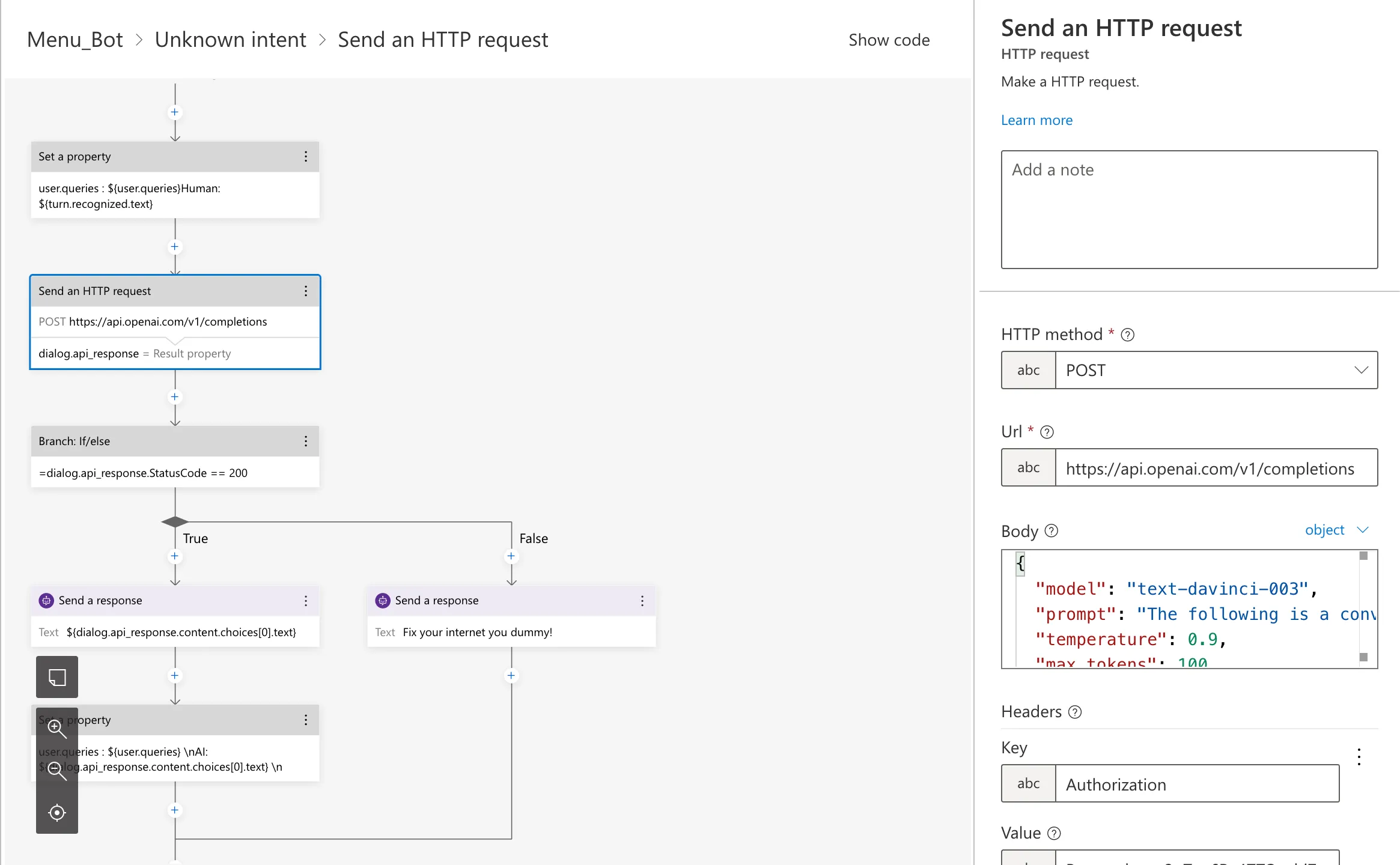 A screenshot of the Azure Bot Service, showing the intent diagram flow, which includes sending an HTTP request, and responses after the HTTP request succeeds or fails.