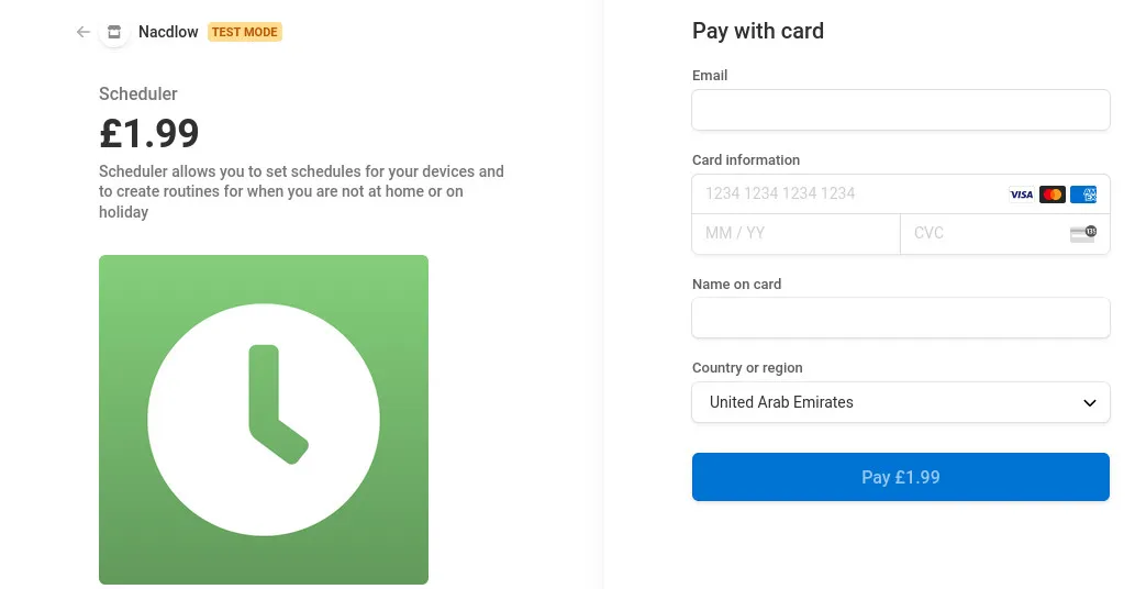 a screenshot of the Stripe payment gateway, on the payment page for the
Scheduler plugin, priced at 1.99 pound sterling, there are fields on the right
for the card payment details