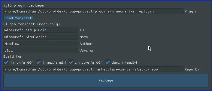 a screenshot of the plugin packager, with a text input of the plugin
directory to package, fields to display the plugin manifest, and tick boxes to
select architectures to build for. At the bottom there is a field to input the
repository directory, and a big "Package" button.