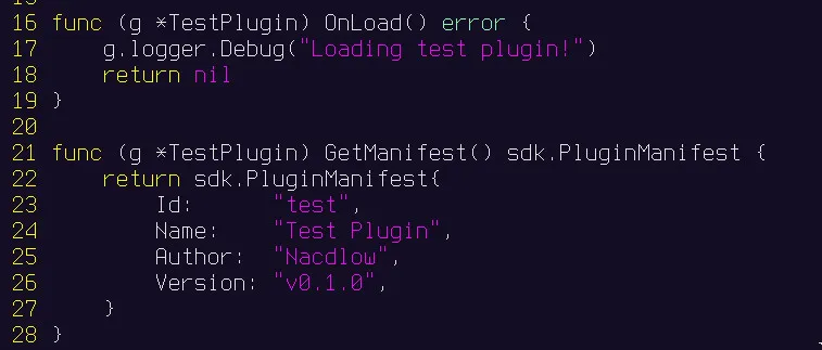a screenshot of a code snippet with an implementation of a test plugin,
displaying the OnLoad and GetManifest functions stubbed