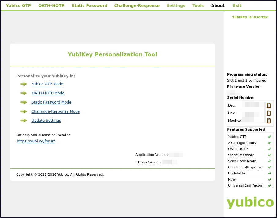 A screenshot of the ykpers-gui utility on the About page