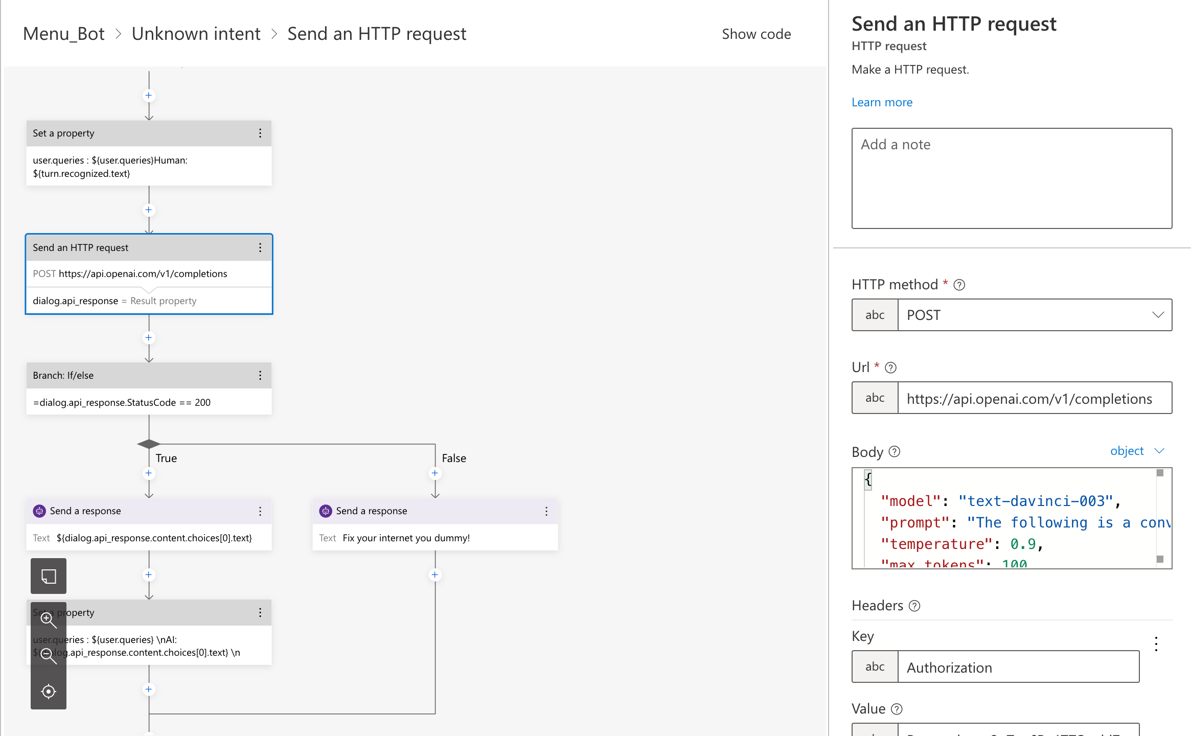 A screenshot of the
Azure Bot Service, showing the intent diagram flow, which includes sending an
HTTP request, and responses after the HTTP request succeeds or fails.