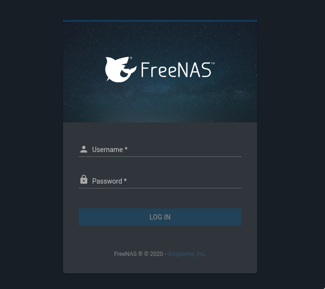 A screenshot of the FreeNAS login form on a browser