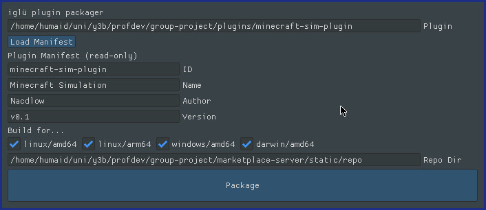 a screenshot of the plugin packager, with a text input of the plugindirectory to package, fields to display the plugin manifest, and tick boxes toselect architectures to build for. At the bottom there is a field to input therepository directory, and a big &ldquo;Package&rdquo; button.