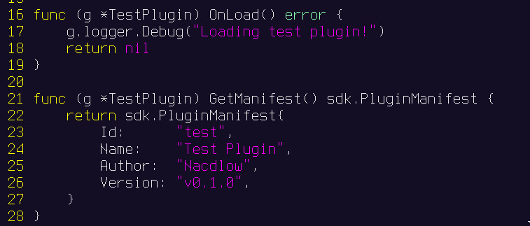 a screenshot of a code snippet with an implementation of a test plugin,displaying the OnLoad and GetManifest functions stubbed