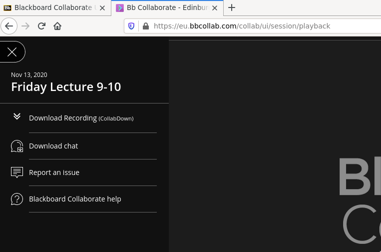 A screenshot of the side panel opened on Bb Collaborate's website, with the download recording list shown as added by CollabDown addon.
